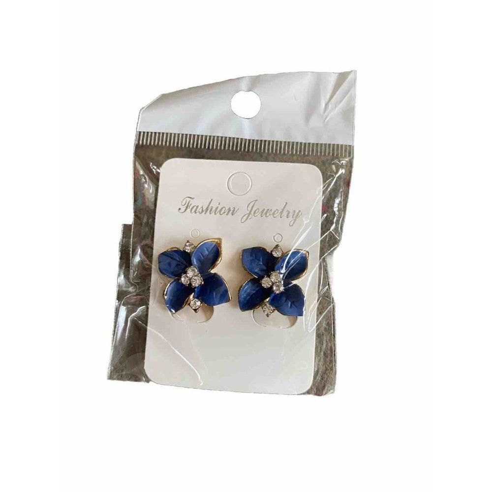 Floral Stud Earrings Fashion Jewelry Blue Rhinestone Clip On Studs